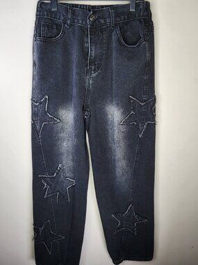 Star Appliqué Jeans — Washed Grey, Size M | Y2K Baggy Denim